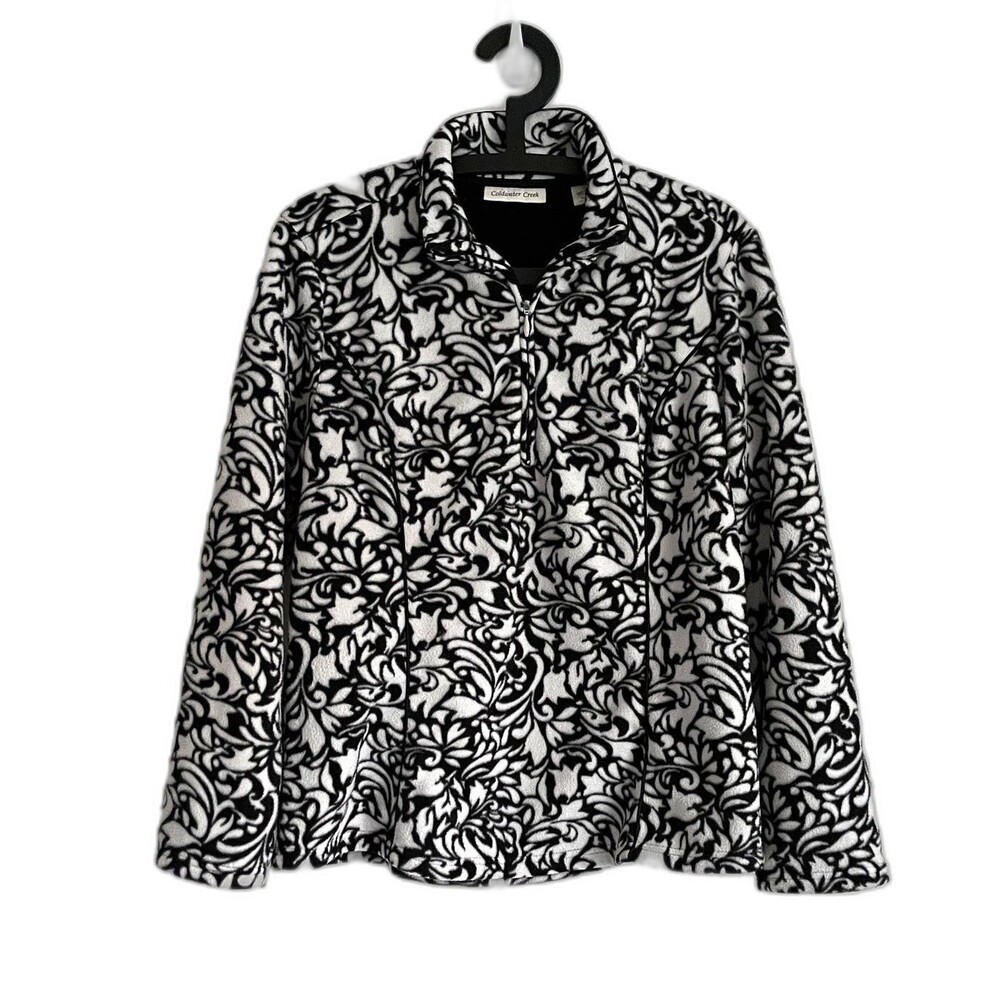 Coldwater Creek Fleece Pullover M ¼ Zip Black White Cozy Cottagecore Botanical